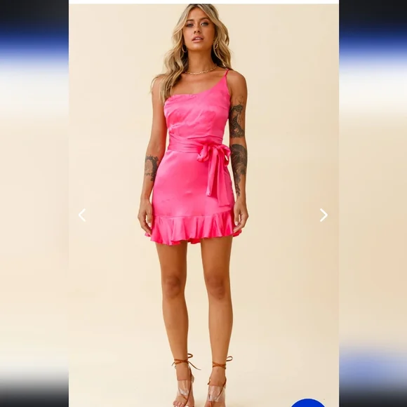 SELFIE LESLIE DON'T WAIT UP ONE SHOULDER WAIST TIE DRESS HOT PINK - Picture 2 of 12